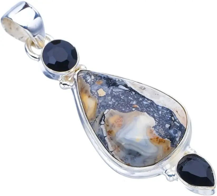 

StarGems Natural Jasper Black Onyx Handmade 925 Sterling Silver Pendant 2" F4273
