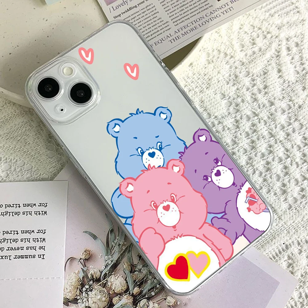 Cute Cartoon Phone Case For Cares Bears iPhone 16 15 14 13 12 11 Mini Pro Max X XR XSMax 7 8 Plus SE20 Transparent Cover