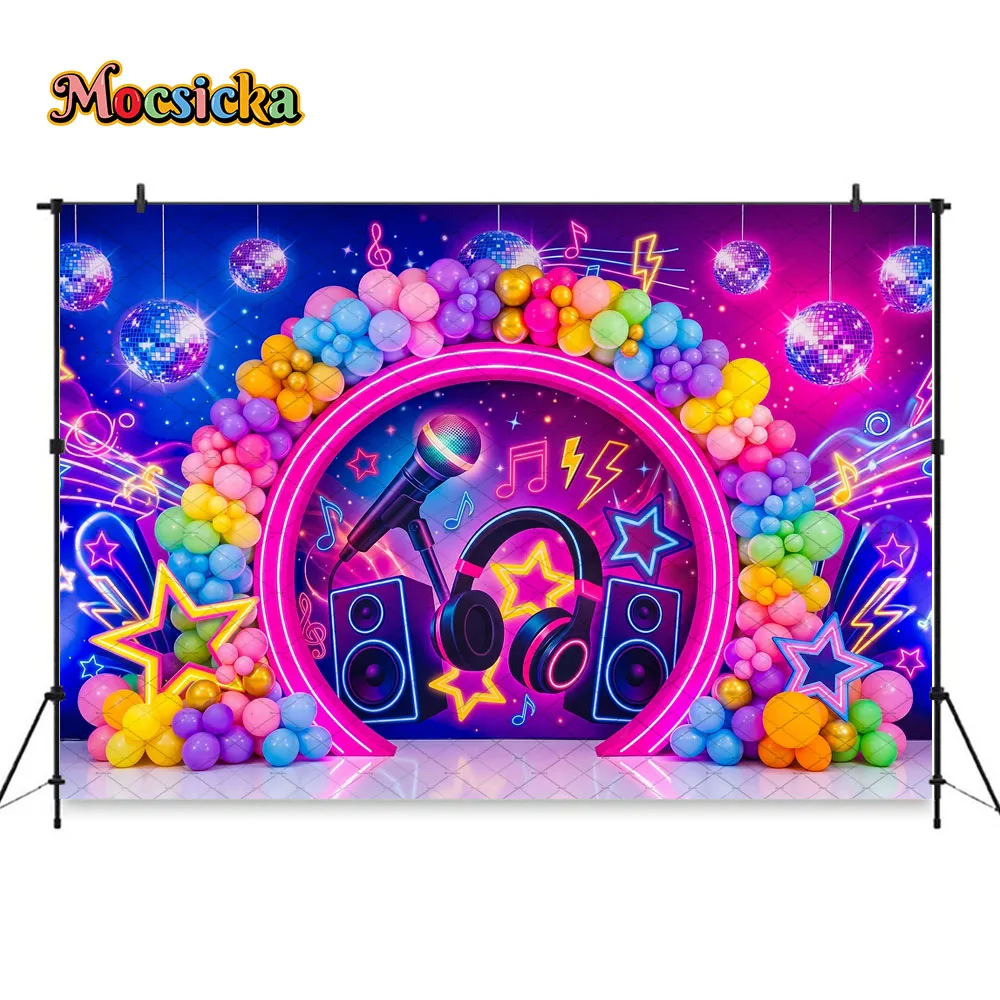 Mocsicka Kid Cake Smash Backdrop Photography Disco Ball Music Theme Glow in The Dark Neon Background Birthday Party Photo Studio