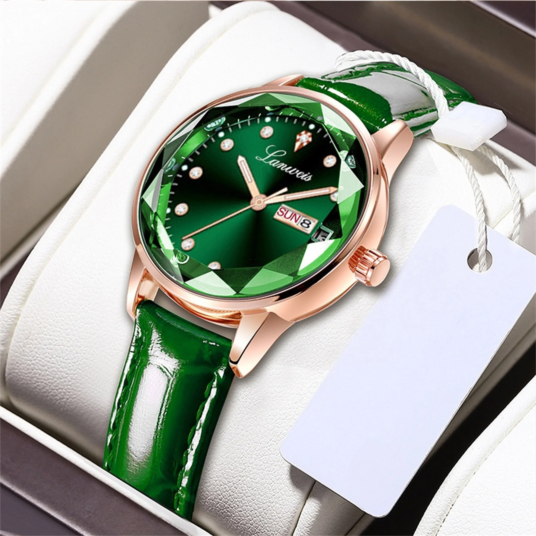 Quartz Watch for Women Fashion Leather Strap Auto Calendar Dial Waterproof Elegant Ladies Wristwatch Gift Box Set A4356