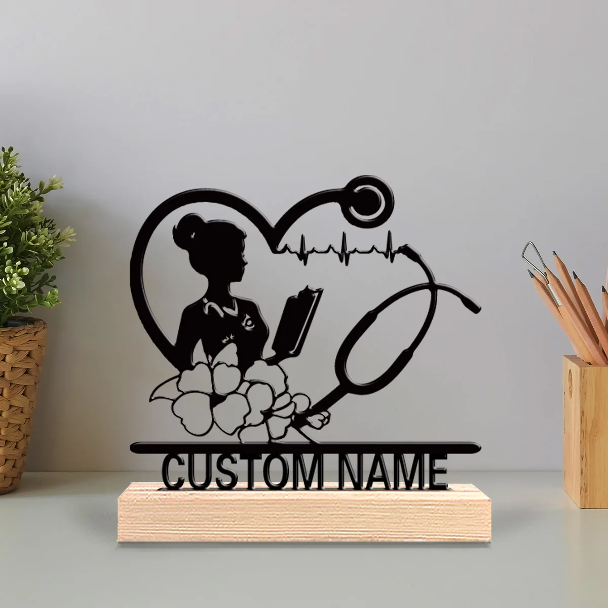 1pc Minimalist flower Stethoscope Custom Text Metal Statue Iron Ornament Handicraft With Wood Base With Wood Base Home Table