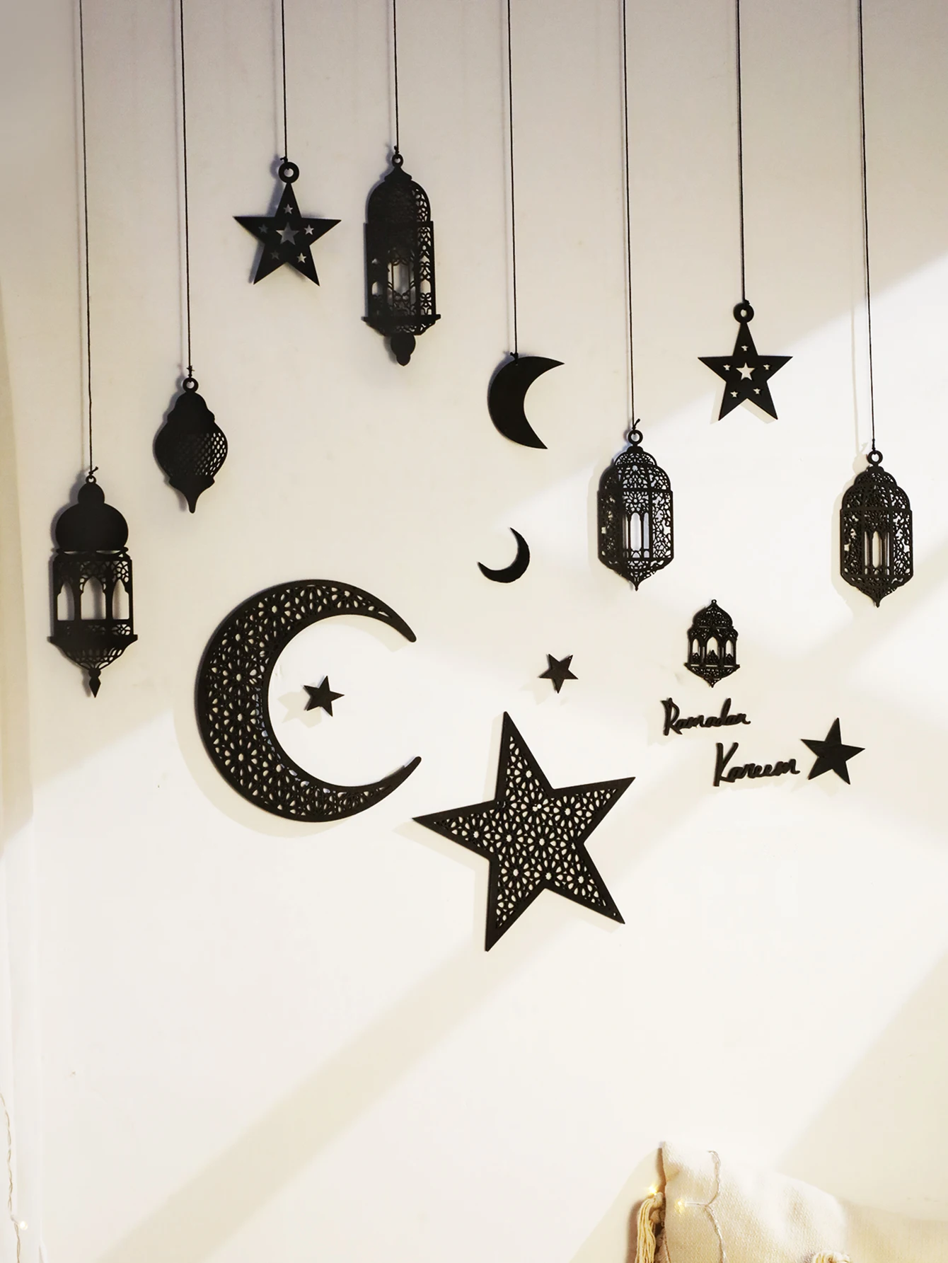 1/7/8 Stück DIY hölzerne Ramadan-Hängeornamente, Eid Mubarak-Wanddekoration mit Laterne, Mond und Sterne, islamische Feier, glückliches Geschenk