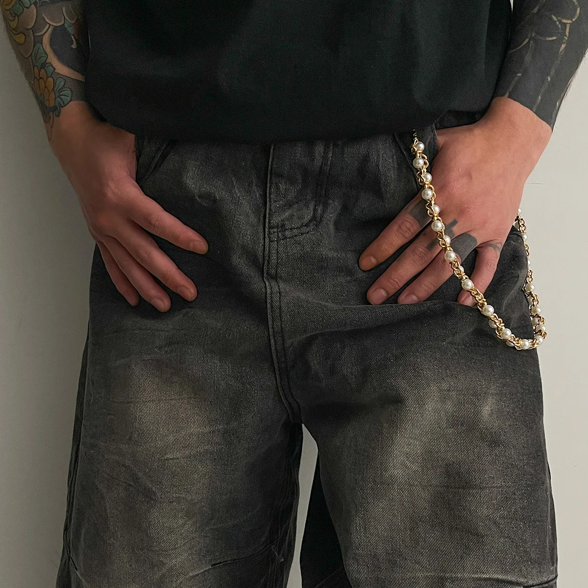 Personalized pearl wrapped pants chain men's hip-hop fashion jeans hanging chain men's waist chain accessories