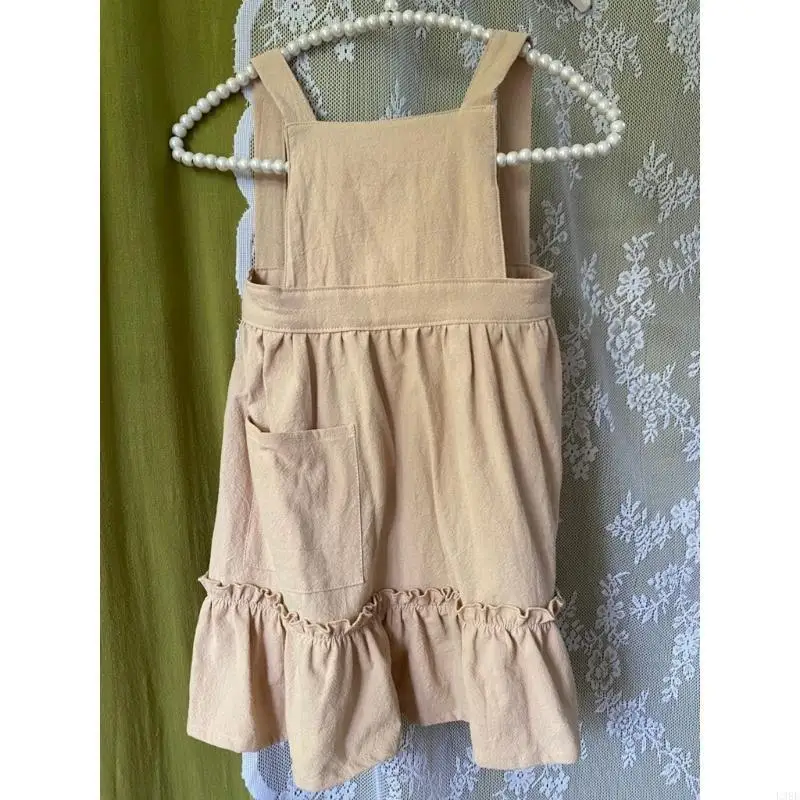 L38E Classical Cotton Linen Long Ruffle Apron with Pockets for Homemakers And Artists