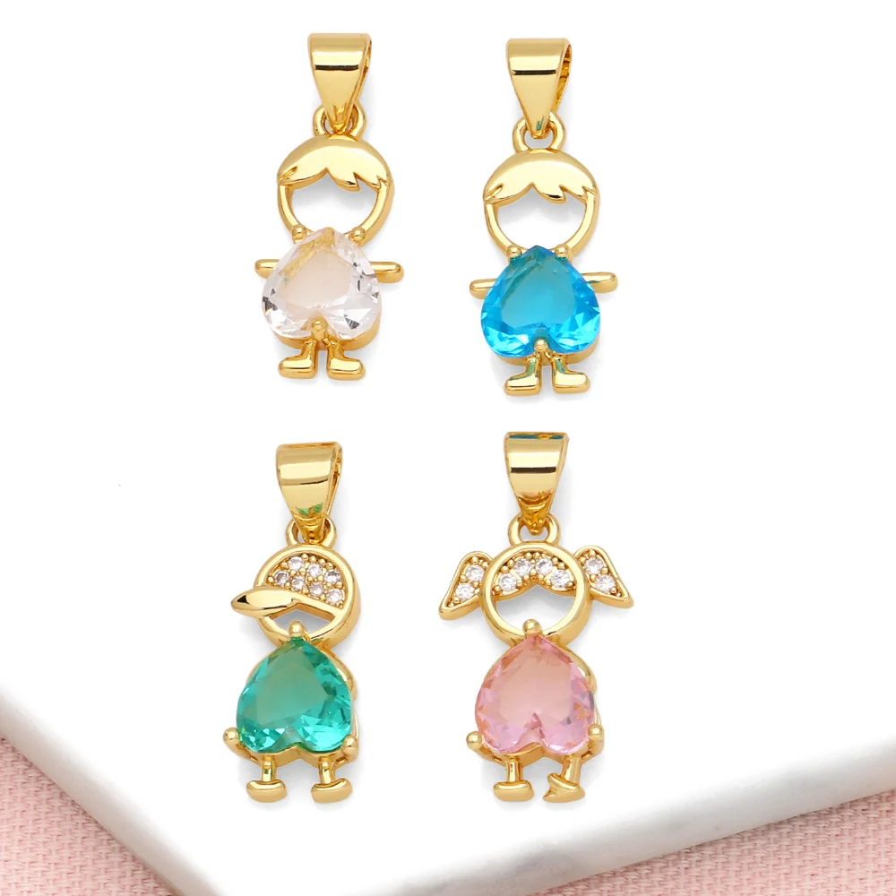 OCESRIO Cute Multicolor Crystal Heart Little Boy Girl Pendant for Necklaces Copper Gold Plated Jewelry Making Supplies pdtb615