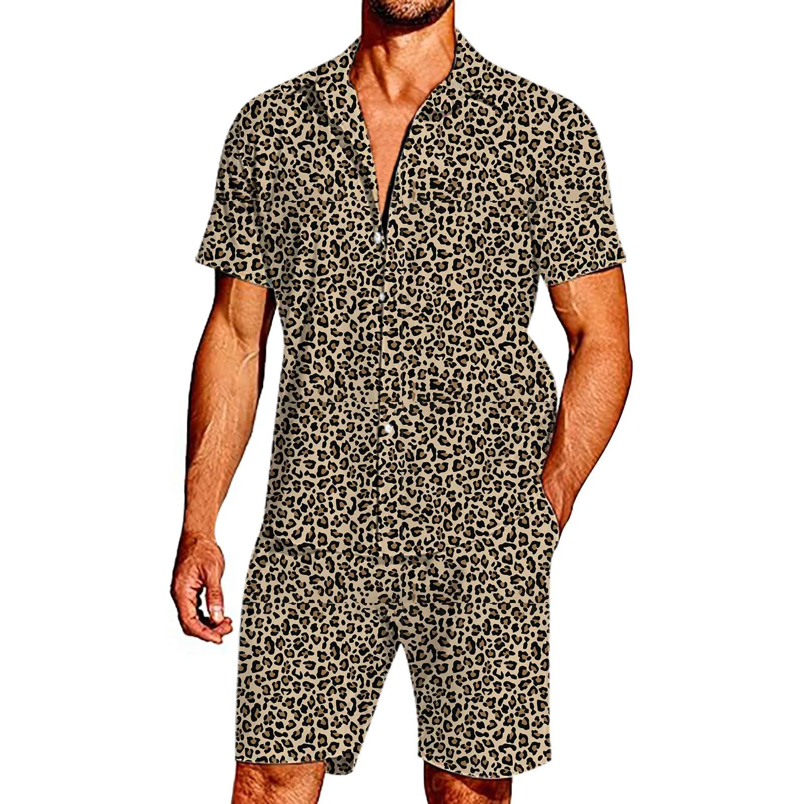 Fato de treino manga curta masculino, conjunto de camisas, roupa estampada leopardo, fato casual, roupas streetwear, moda verão, 2 peças