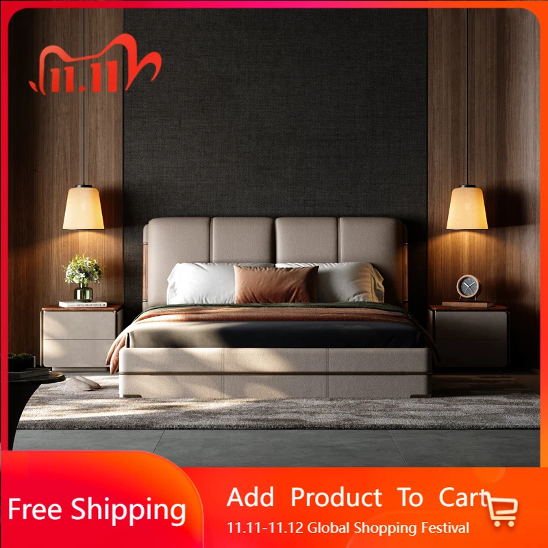 

Italian Minimalist Bed Light Luxury Designer Double Headboards Square Bed Trendy High Quality Queen Muebles Hotel Furniture