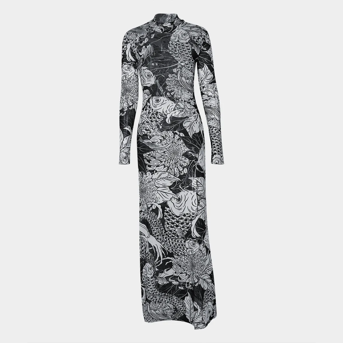 Odzież damska 2025 jesień nowa moda siatkowy nadruk przezroczysty wysoki kołnierz slim fit sukienka damska