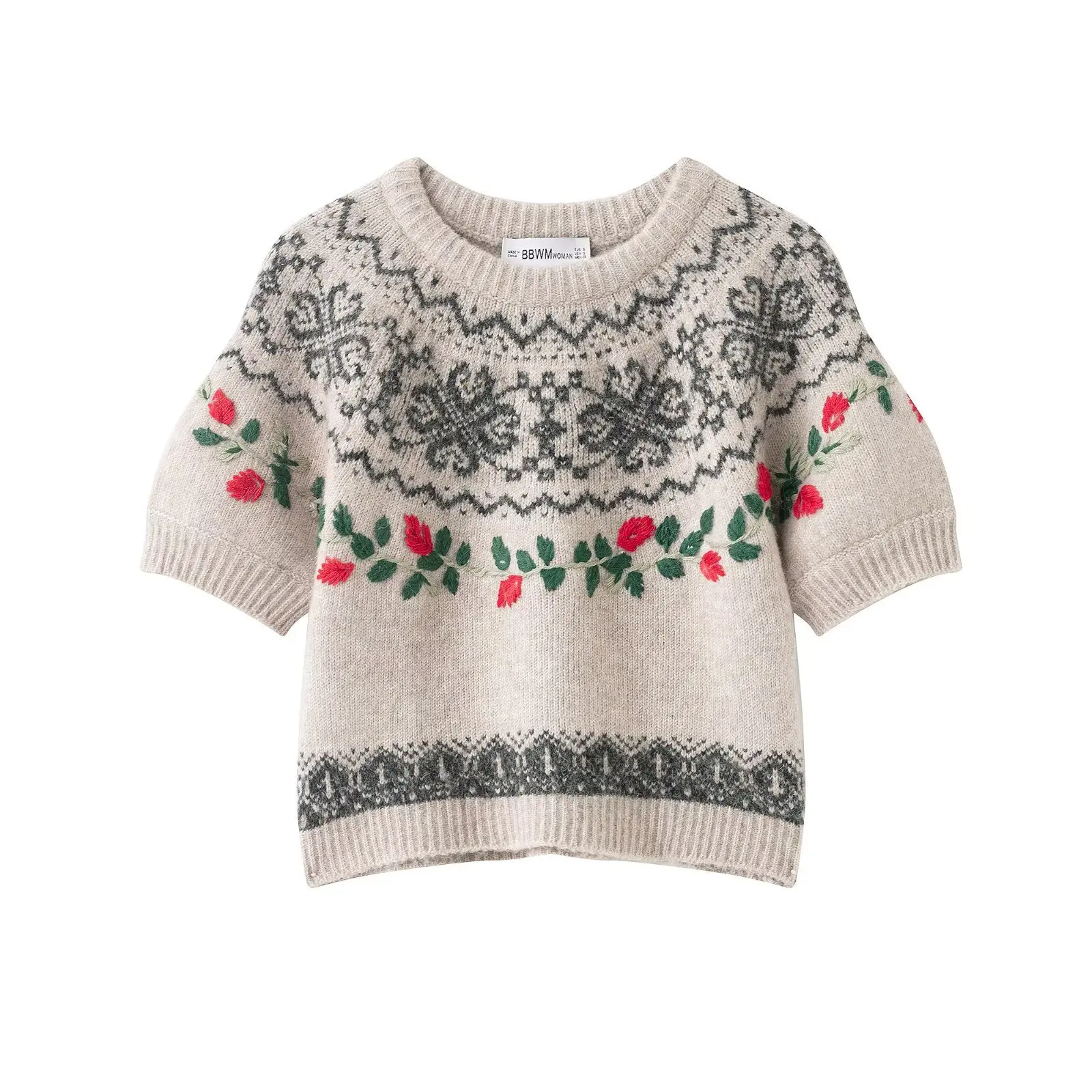 

Ladies' Knitted Short Sleeve Winter Fashion Embroidered Loose Retro Floral Knitted Sweater Comfortable Long Top