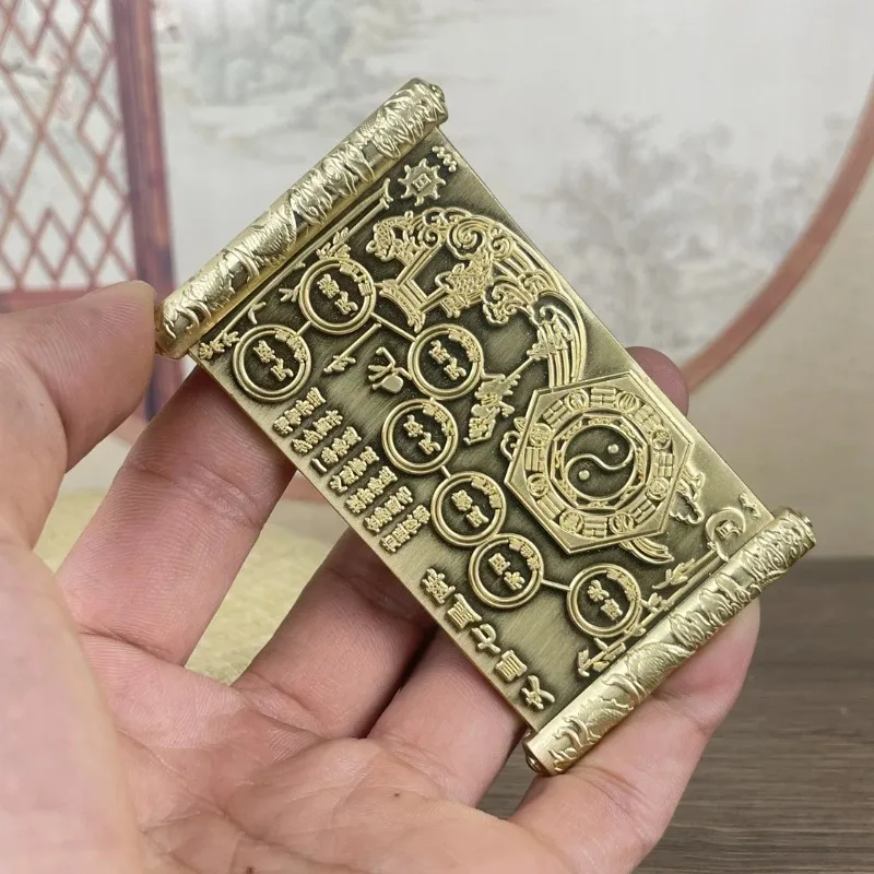 Oriental Antique Bronze Scroll Decor Taiji Eight Trigrams Seven Star Pattern Metal Plate Study Table Lucky Ornament Craft Gift