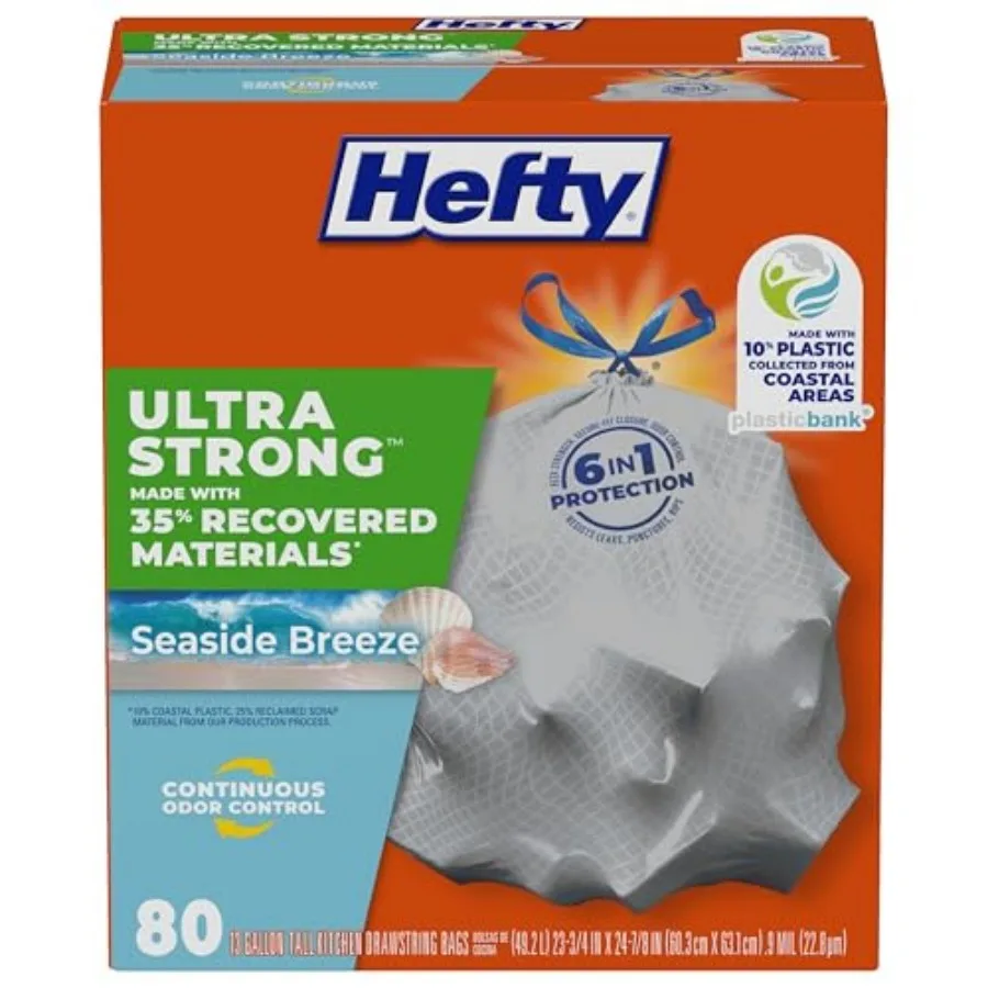 

Ultra Strong 13 Gallon Trash Bags, Tall Kitchen Trash Bags Made with Recovered Materials, Including Coastal Plastic, Drawstring