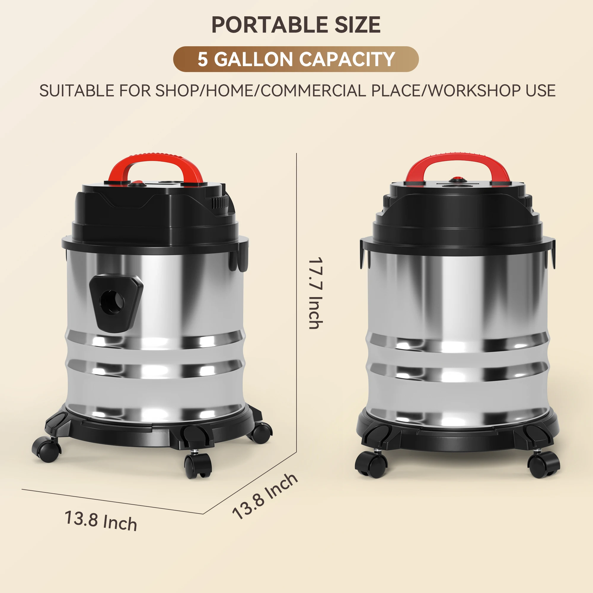 1500W Stainless Steel Wet and Dry Industrial Vacuum Cleaner with 5 Gallon Canister for Workshop Garage