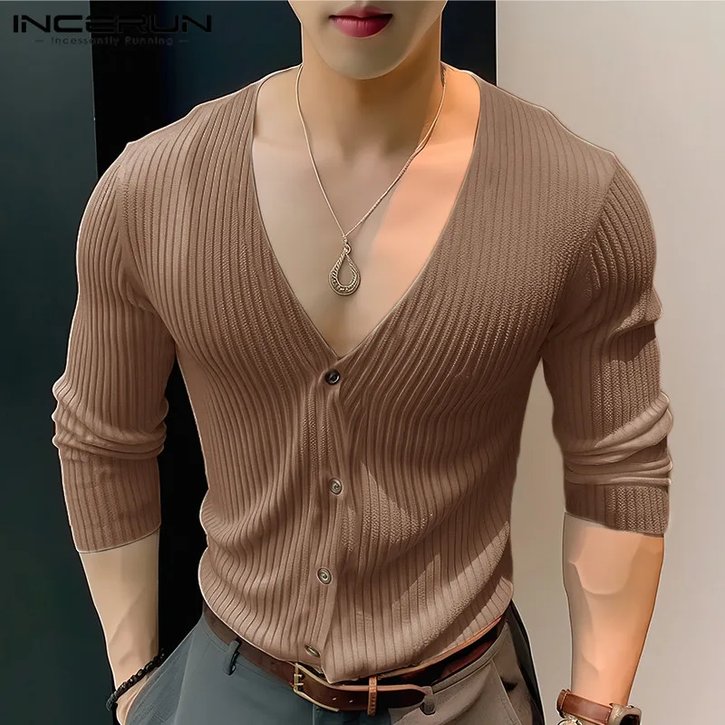 INCERUN Tops 2024 Korean Style Men\'s Solid Color Knitted Striped Shirts Fashionable Casual Male V-neck Long Sleeved Blouse S-5XL