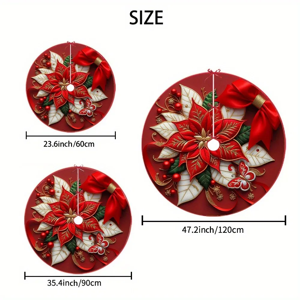 Christmas Tree Skirt Red Poinsettia Butterfly Bow Print Xmas Winter Holiday Home Decor for Fireplace Party Festive Ornament