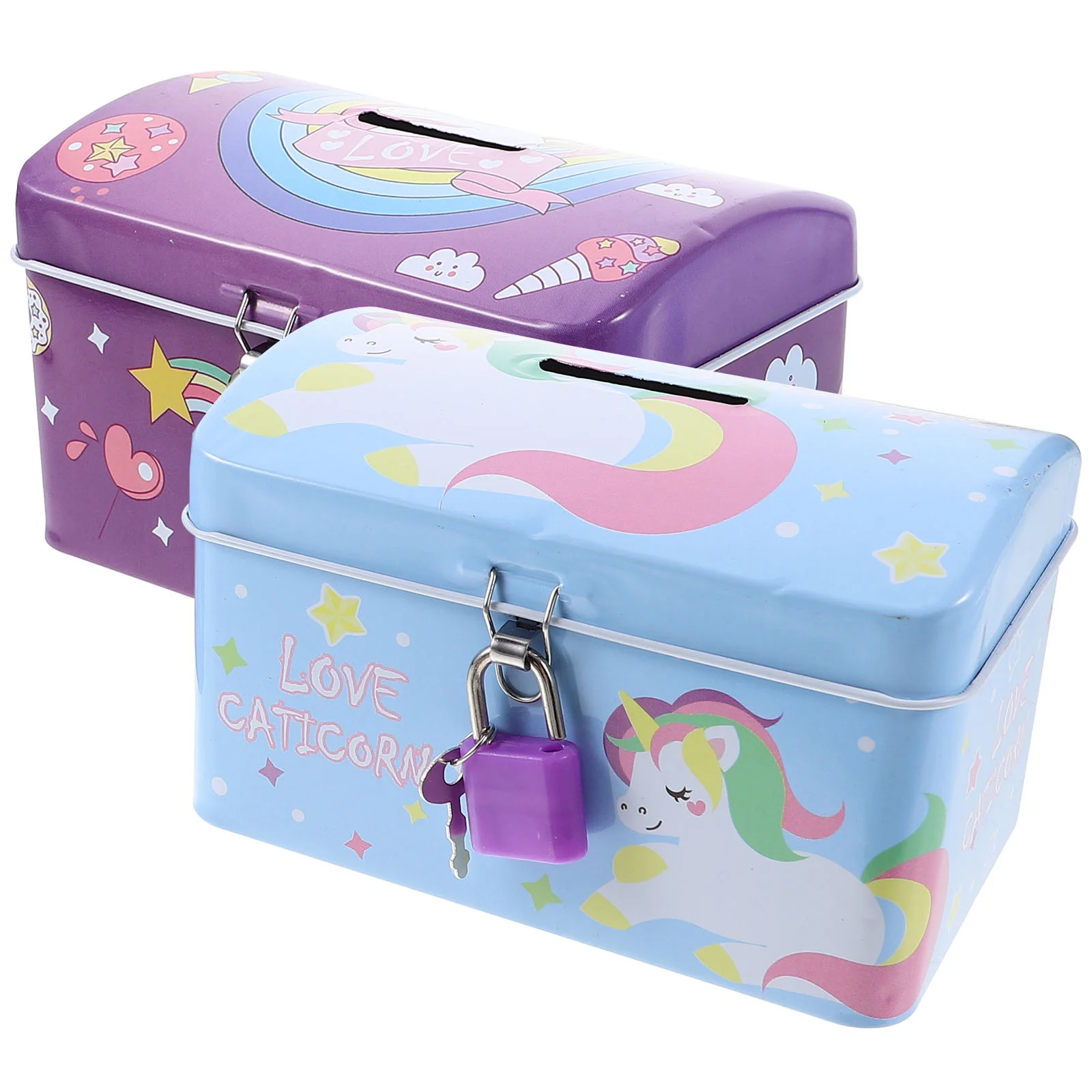 2 Pcs Unicorn Piggy Bank Decorate Cartoon Saving with Lock Pot Commemorate Box Kids Iron Lovely Money Baby Child