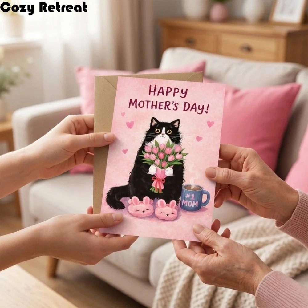 Cats Holding Pink Tulips Mother's Day Greeting Card with the Words Novelty Happy Birthday Card Surprise Blessing Message