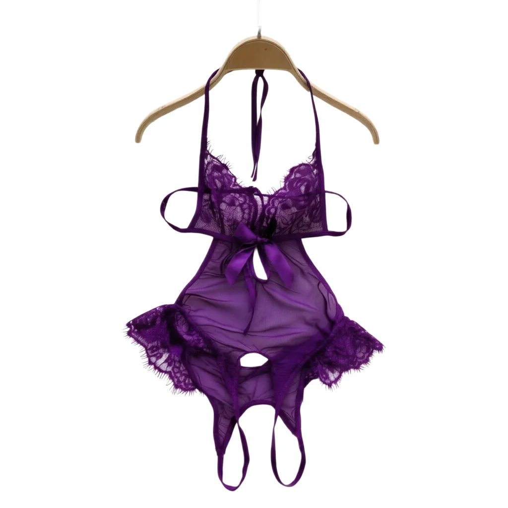 Hotsweet Women Clothing Lace Tulle Bodysuits Bow Open Crotch Mesh Woman Costumes Sexy Lingerie Club Lace Up Hollow Elegant New