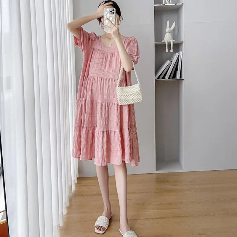 Summer Maternity Dresses Pregnant Women Fluffy Dress Pregnancy Solid Color Loose Knee A Skirt Female Girls Casual Clothes