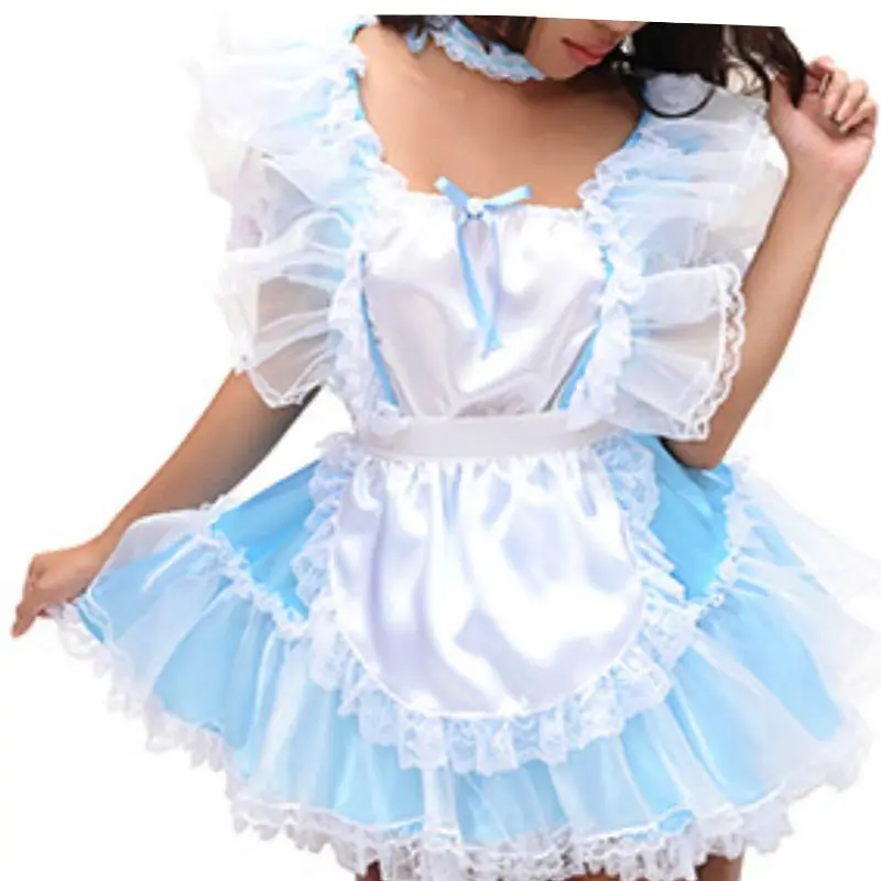 

Fashion Adult Giant Baby Sexy Girl Blue Satin Dress White Yarn Sissy Role Play Girl Makeup Ball Maid Customized Multi Color