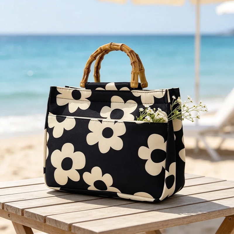 Black and White Floral Print Faux Bamboo Handle Women's Tote Bag, Black Background with off-white Floral Pattern Ladies' Handbag