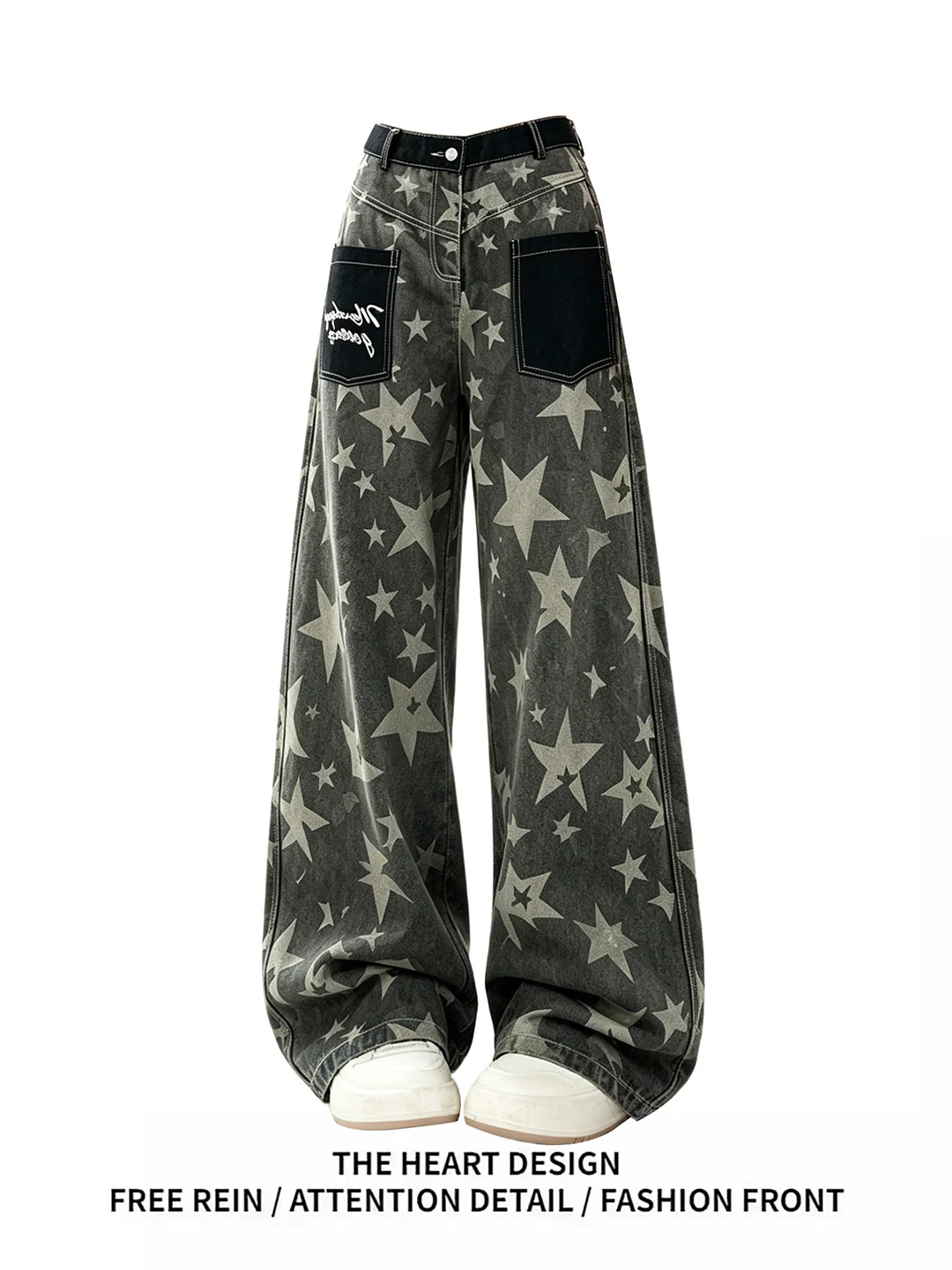

Retro American Design Distressed Star Print Curved Knife Denim Pants Women's Summer Street Loose Casual Wide Leg Long Trousers