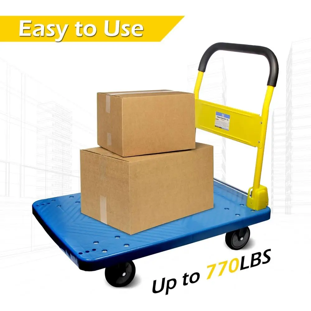 Camión con plataforma plegable y resistente con capacidad de 770 libras: cubierta azul, mango amarillo, perfecto para el hogar, el jardín, la oficina, la taller,