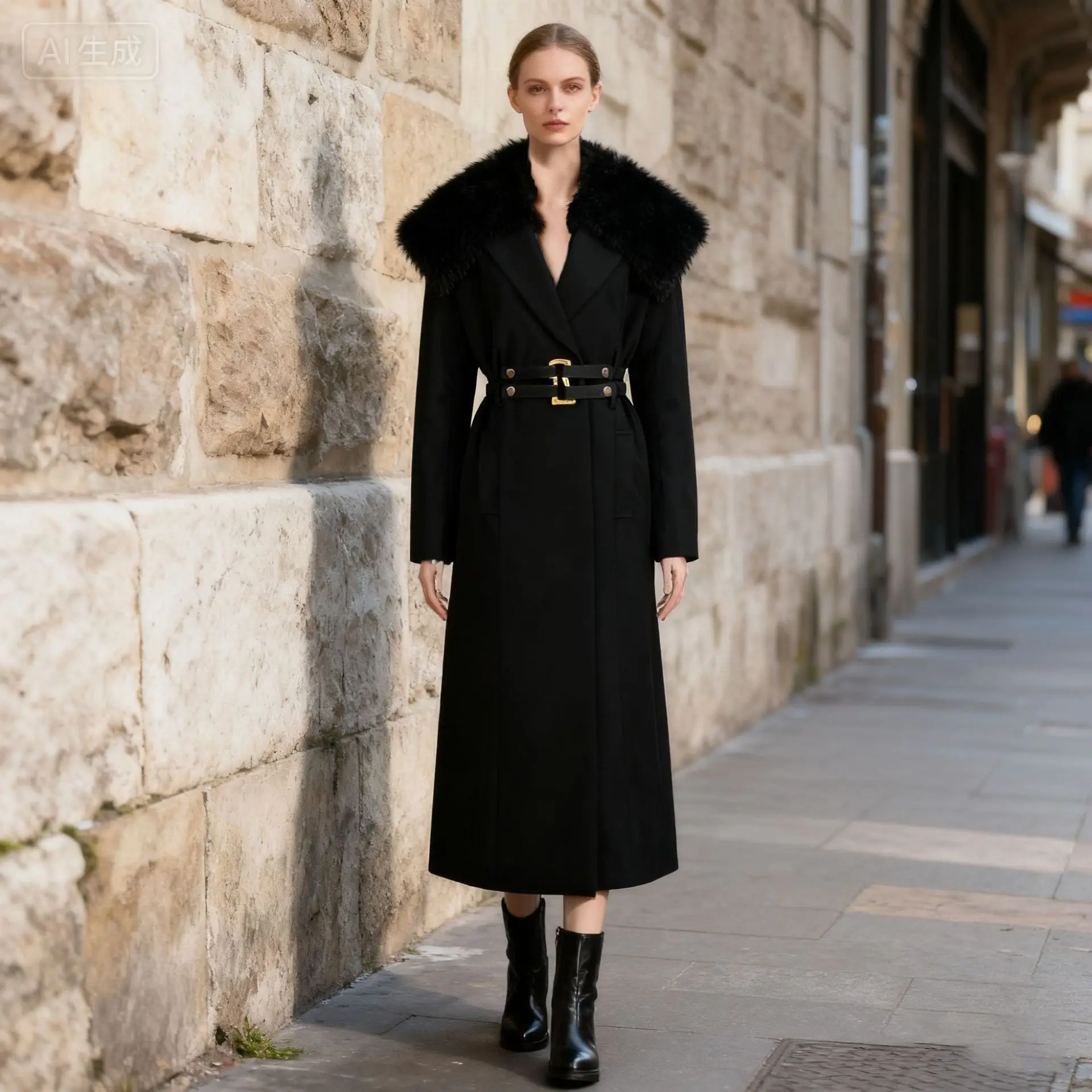 

Women's Elegant British Style Suit Coat Long Woolen-Collared Autumn Winter Fashion Office Lady Black