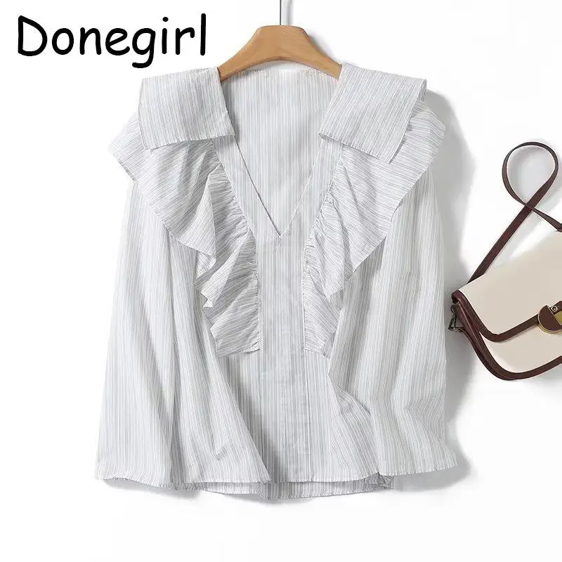 

Donegirl 2023 Women Autumn New Fashion Long Sleeve Flounce Vertical Striped Printed Shirt V-neck Elegant Simple Blouses Female