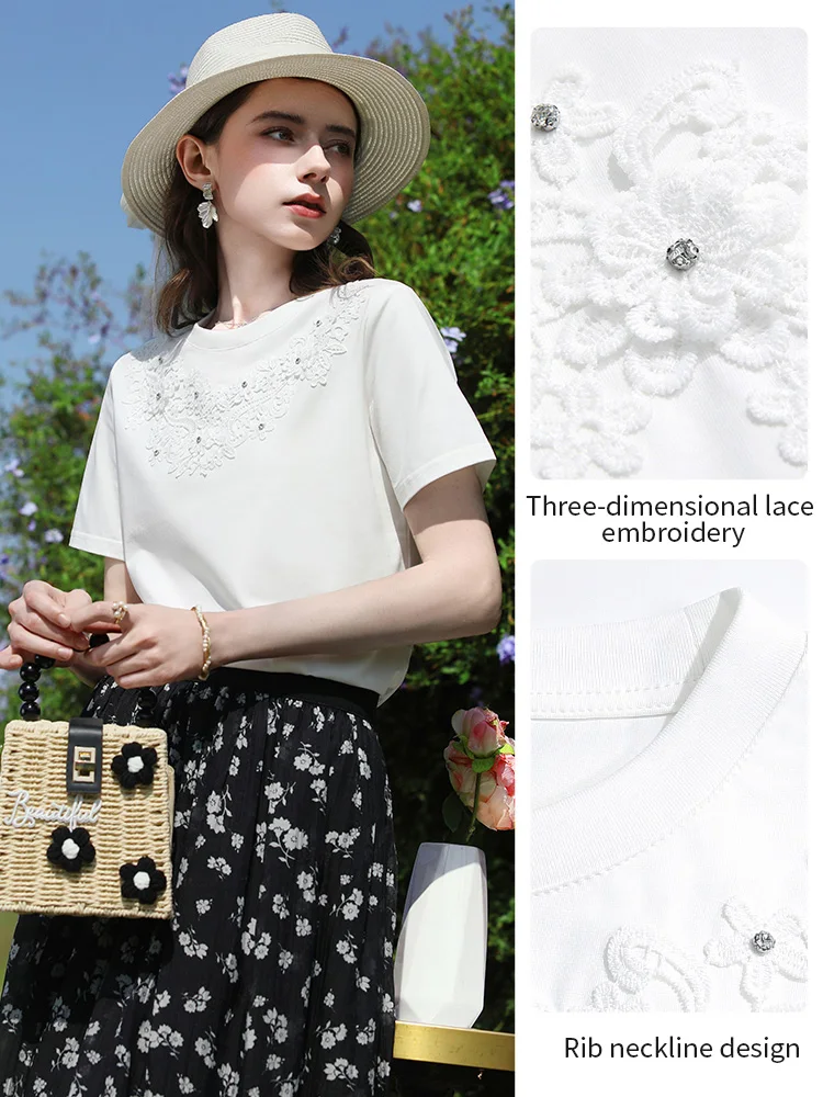 I BELIEVE YOU White Cool Cotton T-Shirts 2026 Summer Lace Embroidery Nail Drill Tees Crew Neck Short Sleeve Tops 2262016227