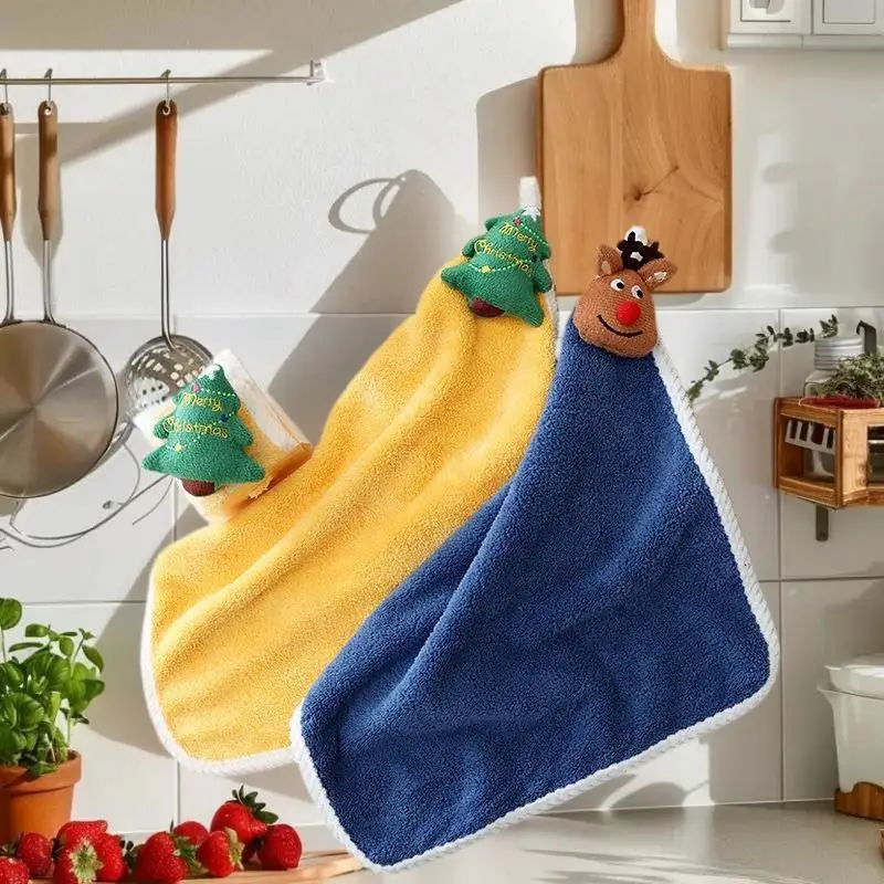 Asciugamano per bambini in stile natalizio Cartone animato Alce Pupazzo di neve Babbo Natale Albero di Natale Asciugamano in velluto Asciugamano appeso per il bagno Panno ad adsorbimento
