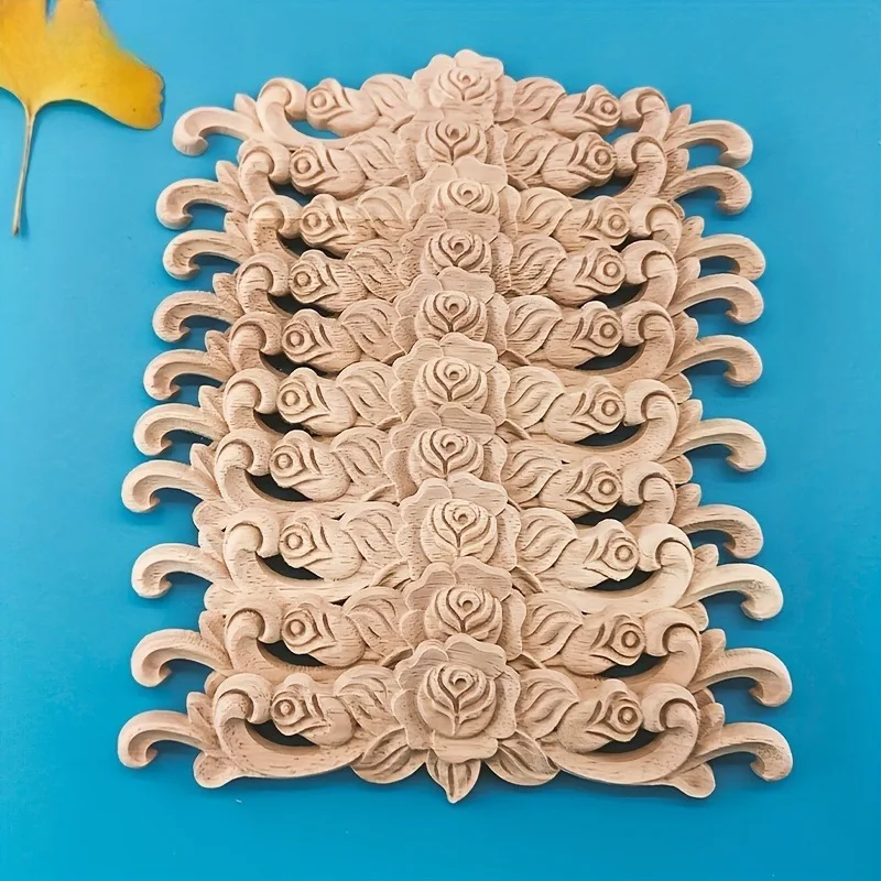 20pcs Solid Wood Carved Inlaid Hollow Rose Wood Stickers Unpainted for Cabinet Door Windows Fireplace Furniture Background Decor