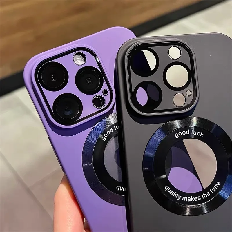 Logo Hole Magsafe Magnetic Case For iPhone 11 12 13 14 15 16 Pro Max Solid Color Cover For iPhone 15 Pro Case With Camera Film