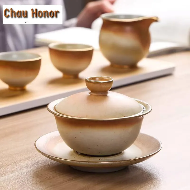 

120ml Retro Coarse Pottery San Cai GaiWan Tea Cup Handmade Household Puer Kung Fu Teaset Tea Ceremony Drinkware Accessories Gift