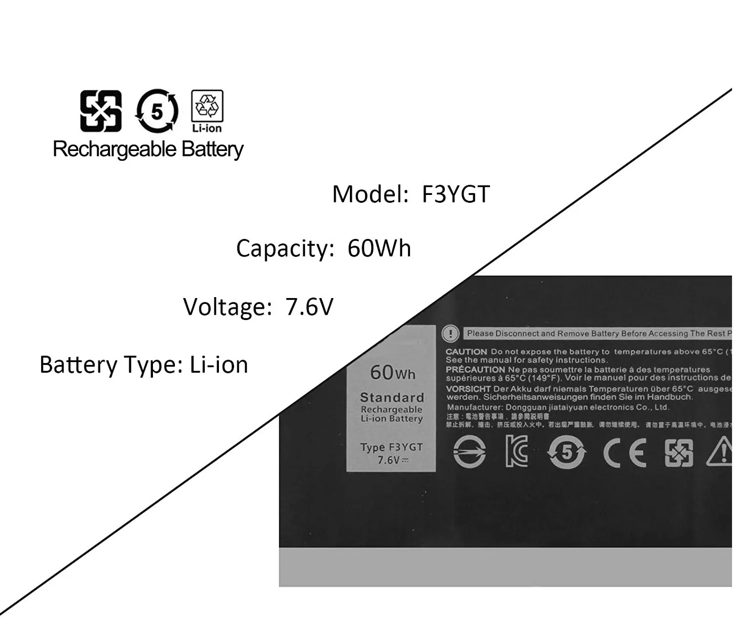 ใหม่ F3YGT แบตเตอรี่แล็ปท็อปสำหรับ Dell Latitude 12 7000 E7280 E7290 E7380 E7390 E7480 E7490 F3YGT 2X39G สูงความจุ7.6V 60WH