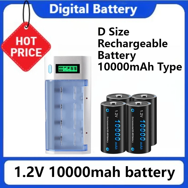 

D R20 NIMH Battery 1.2V LR20 D Size Rechargeable Battery 10000mAh Type with LCD Smart Charger for AA AAA C D 9V batteries