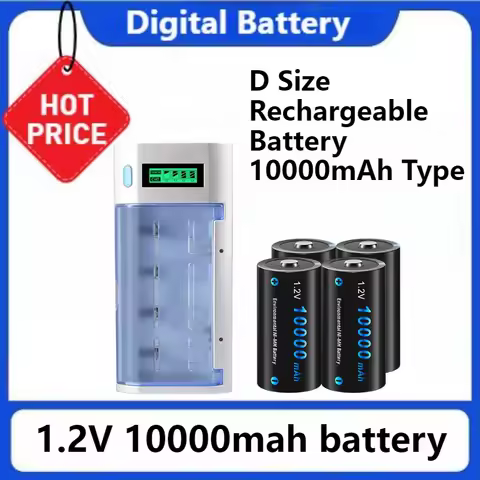 D R20 NIMH Battery 1.2V LR20 D Size Rechargeable Battery 10000mAh Type with LCD Smart Charger for AA AAA C D 9V batteries