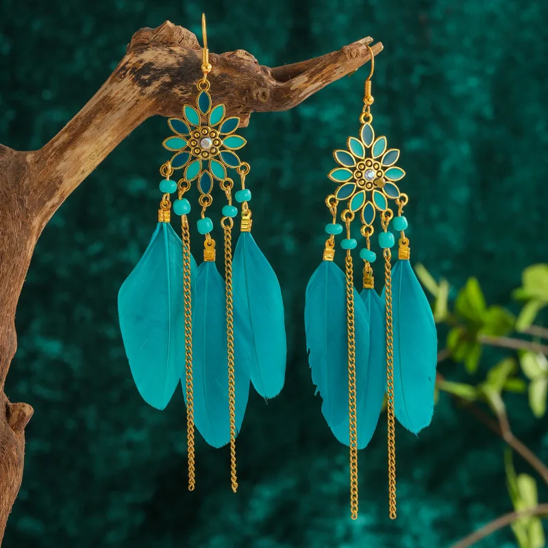 Böhmische lange Feder-Ohrringe für Frauen, klassische ethnische Retro-Temperament-Kette, Blatt-Perlen-Quasten-Ohrringe, Boho-Hochzeitsschmuck – Detail 13