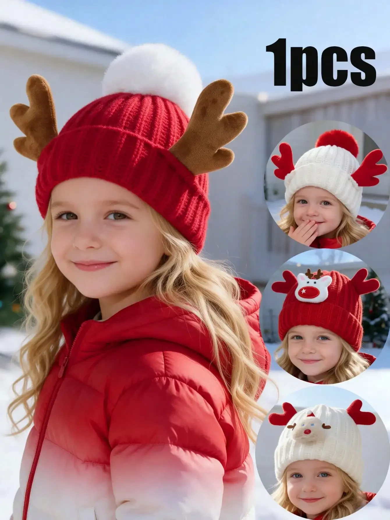 1pcs 2-6Y Kids Boys Cute Knitted Hat, Red Antler & Deer Head Decor, Christmas Style Design, Nice Gift For Holiday