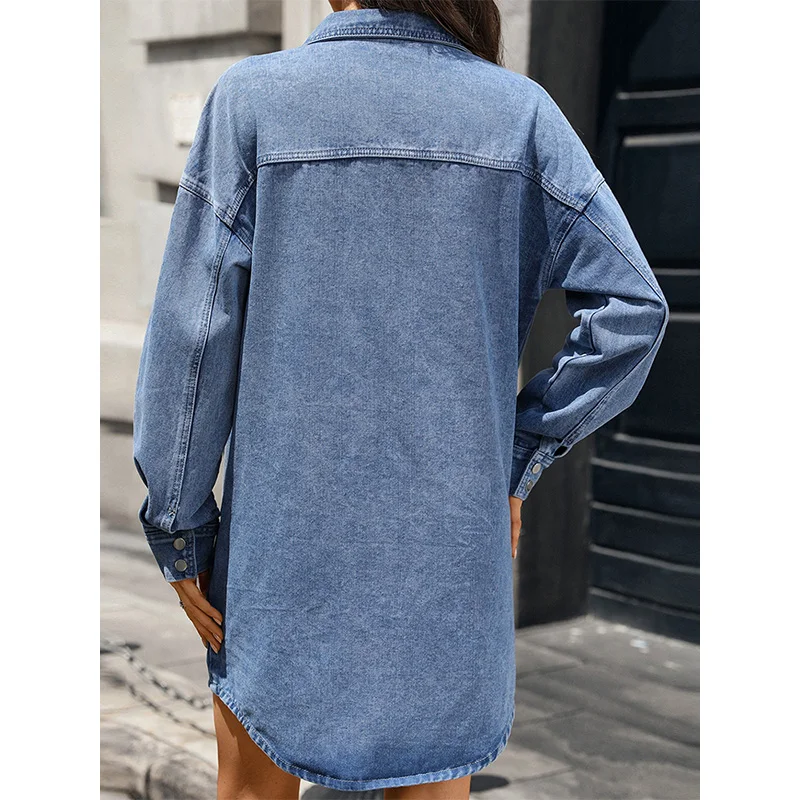 Benuynffy New Single Breasted Washed Denim Shirt Dress Women 2026 Autumn Pockets Casual Long Sleeve Loose Straight Mini Dresses - view 2