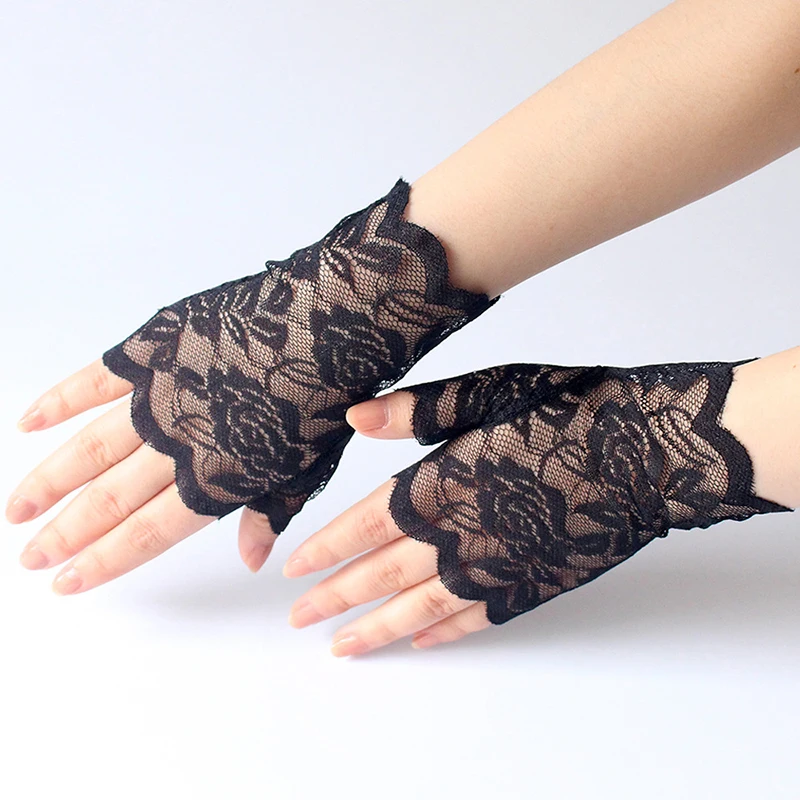 

Summer Women Gloves Dance Sexy Lace Short Fingerless Mittens Flower Lace Half Finger Sheer Gloves Elegant Lady Driving Gloves