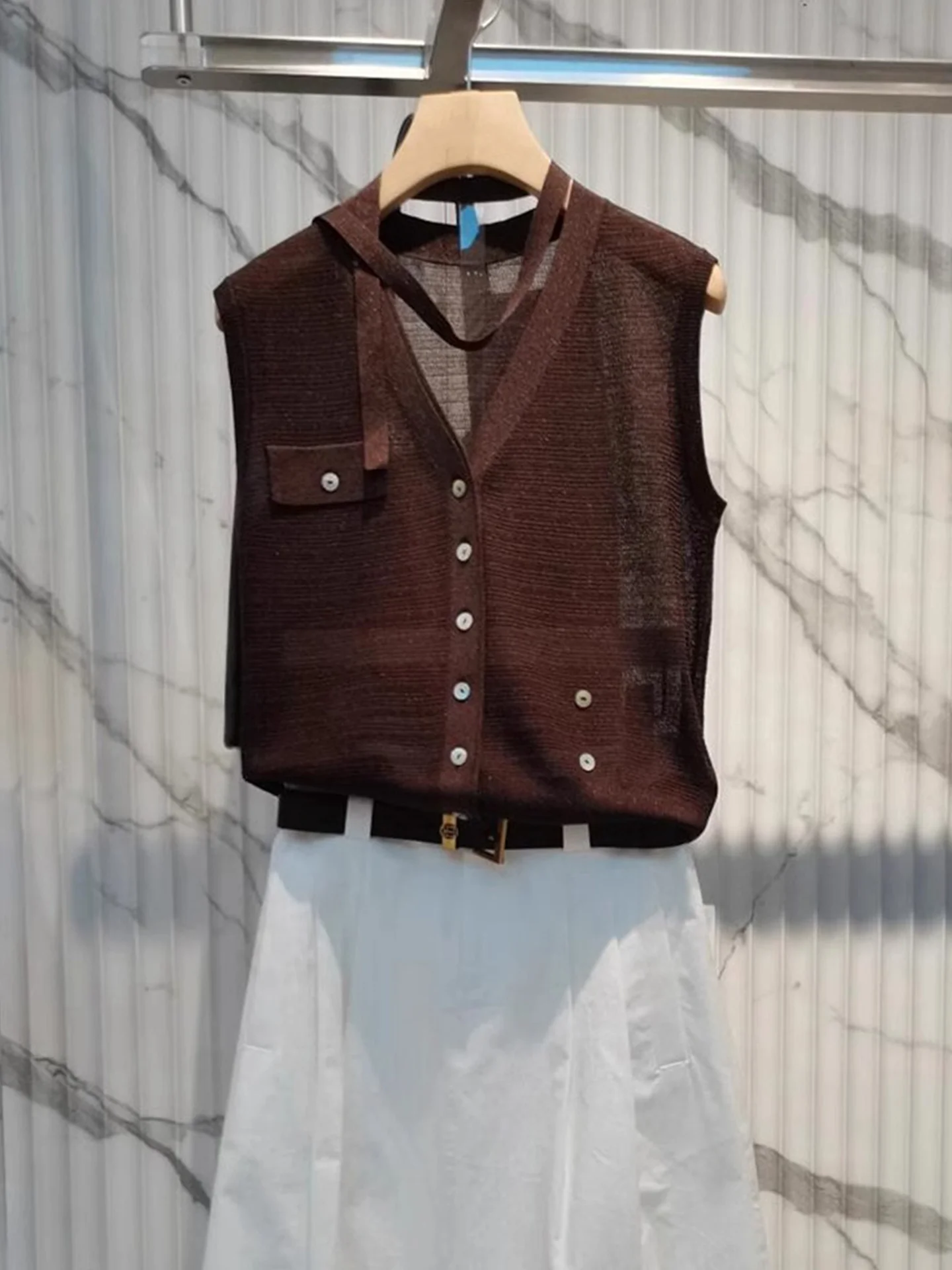 Retro Prosta Damska Kamizelka z Jedwabiu Lodowego, Luźna, Oddychająca, Zapinana na Jeden Guzik, Dzianinowa, Letnia, Wygodna, Bazowa