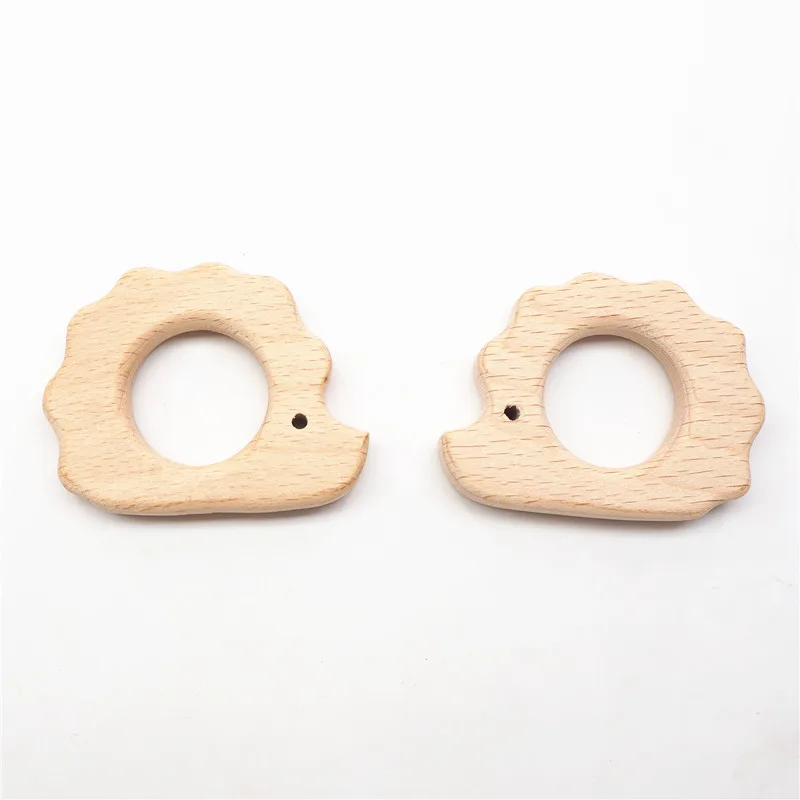 Chenkai 5pcs Wood Hedgehog Teether Ring DIY Organic Eco-friendly Nature Baby Pacifier Rattle Teething Grasping Wooden Toy