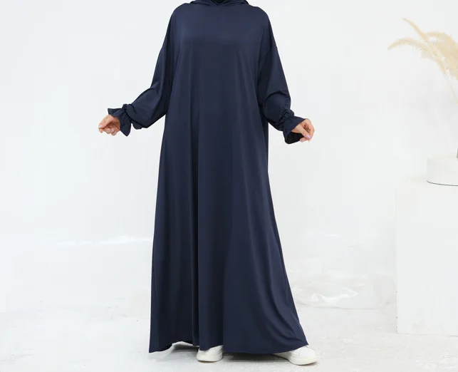 Novo design cor sólida elástico jérsei capuz abaya islâmico jilbab feminino moletom com capuz abaya vestidos muçulmanos para ramadan