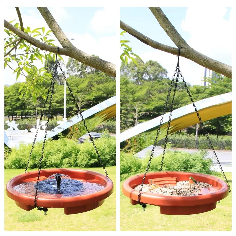 Solar Powered Bird Bathtub Fountain Hanging Bird Feeder Garden with Hook Chain Outdoor Drinking Water Bird Feeder Tray Platform