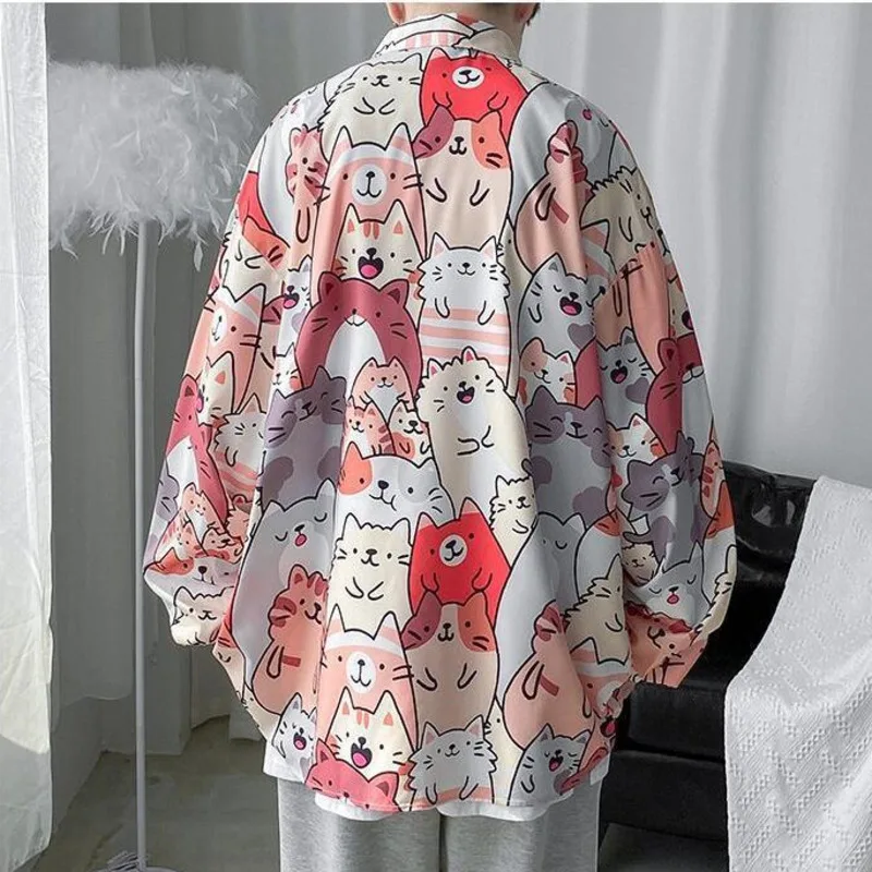 2023 Spring Men Shirt Casual Long Sleeves Shirts Cartoon Cat Full Print Men\'s Blouse Harajuku Clothes Street Fashion Tops