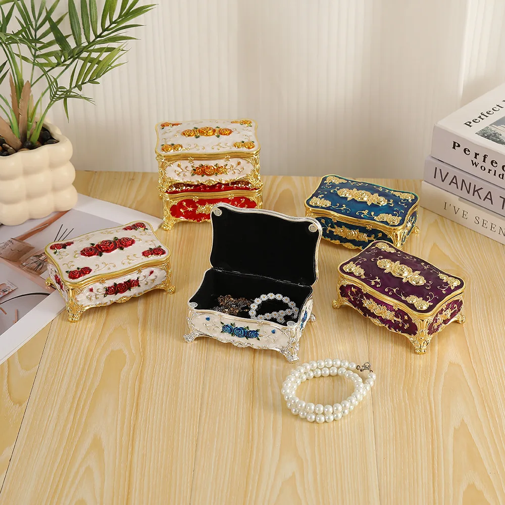 Rose Relief Enamel Jewelry Box, Cloisonne Trinket Case for Necklaces & Earrings, Vintage Vanity Storage