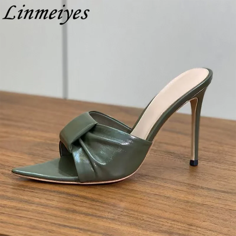 Sexy High Heels Slippers Women Pointed Peep Toe Slides Genuine Leather Summer Shoes Woman Stiletto Runway Sandals For Woman