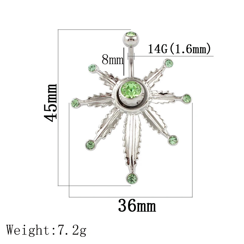 Maple leaf big style body jewelry women green stones belly button ring 14G Stainless Steel navel bar piercing fashion jewelry
