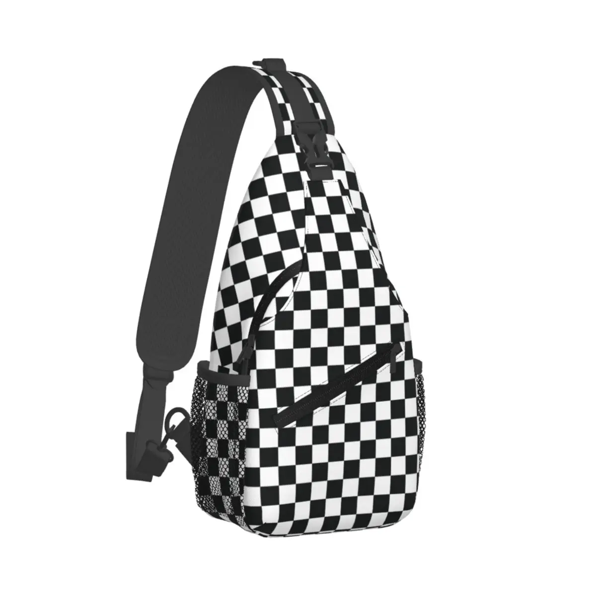 Custom Black White Checkered Plaid Grid Shoulder Crossbody Chest Backpack Shoulder Chest Bags Sling Bag for Traveling Hiking Bag