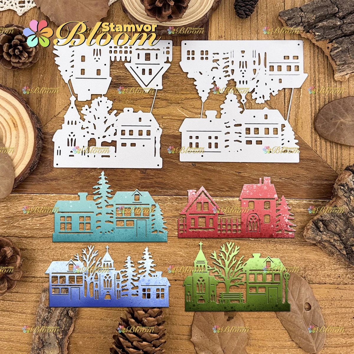 Original Lovely Winter Christmas Houses Silhouettes Borders Metal Cutting Dies Scrapbooking Decorative Embossing